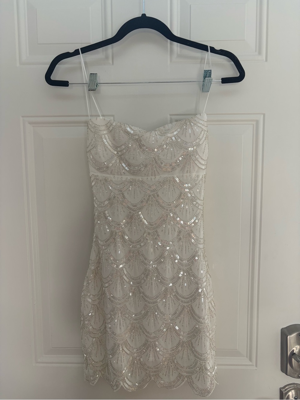 Sequin-Embellished Cream Mini Dress